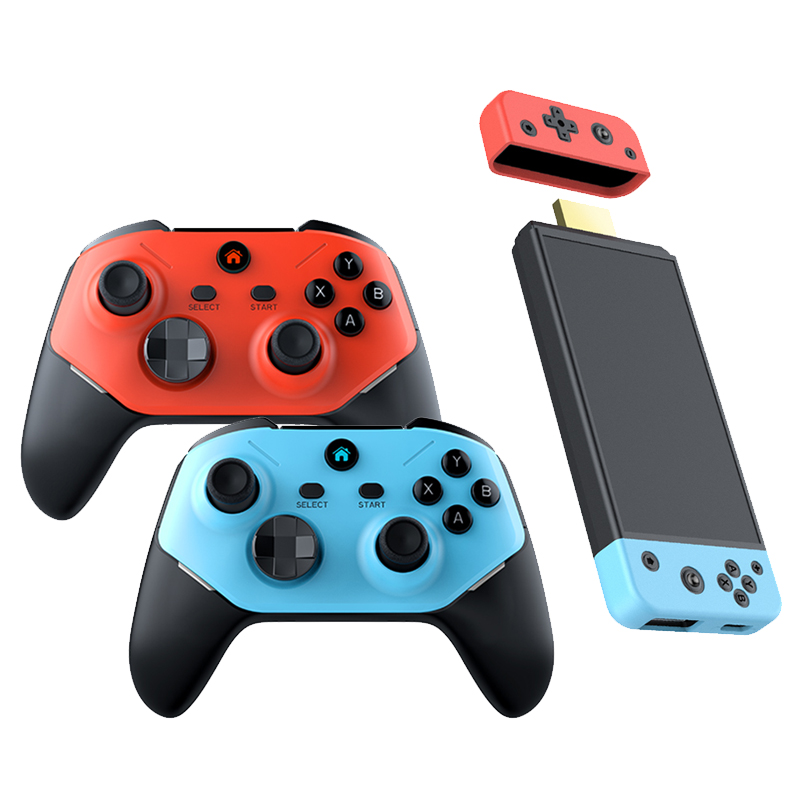 The game stick alongside its red and blue wireless controllers